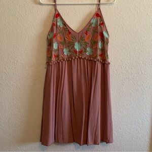 Boutique Dusty Pink Dress with Embroidered Flowers and Tassels